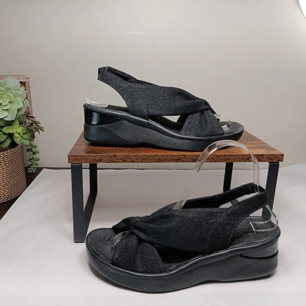 LifeStride Bzees Air Step Wedge Sandals Womens 7 Black Good Twist Knot Slingback